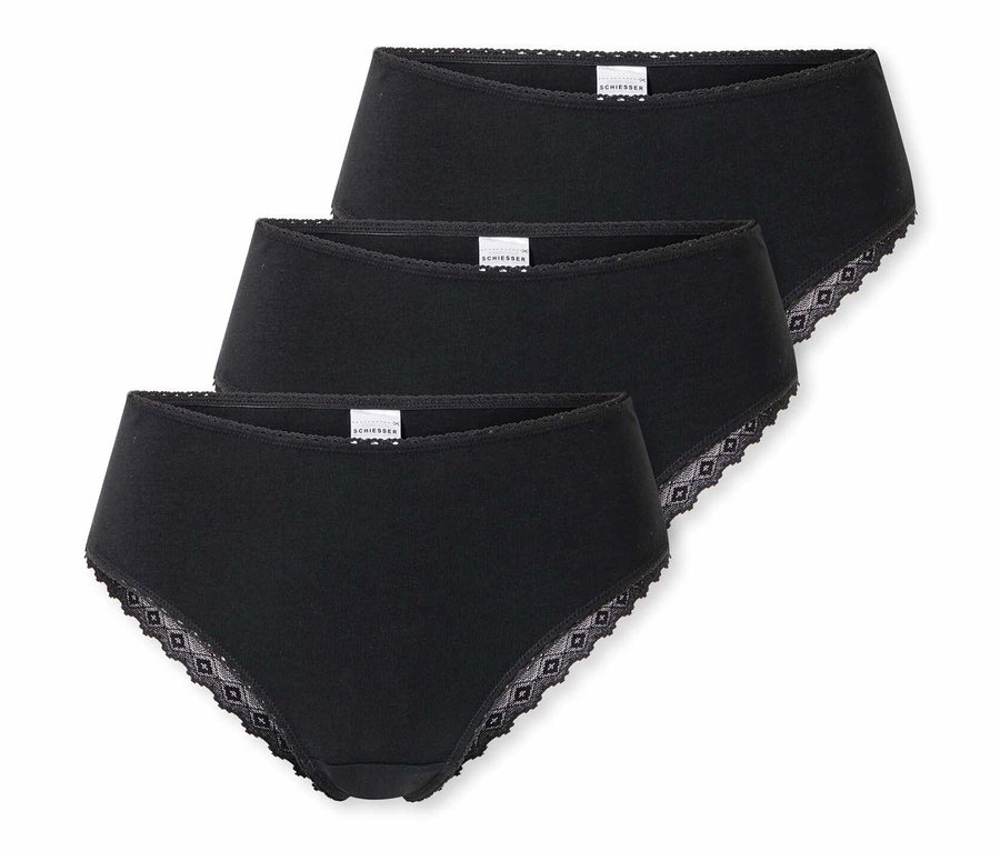 Drei schwarze SCHIESSER Brazilian-Slips mit Spitze liegen übereinander.