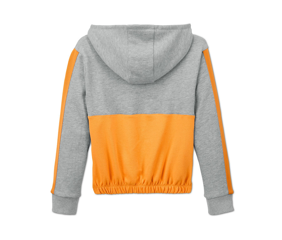 Detailansicht der Rückseite eines grau-gelb melierten Cropped-Hoodies.