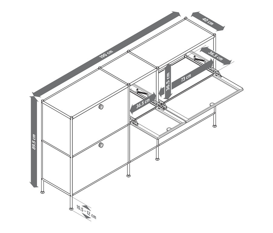 Abbildung eines Sideboards Metall »CN3« groß mit 6 Klappenfächern. Die Maße sind in Zentimetern angegeben.