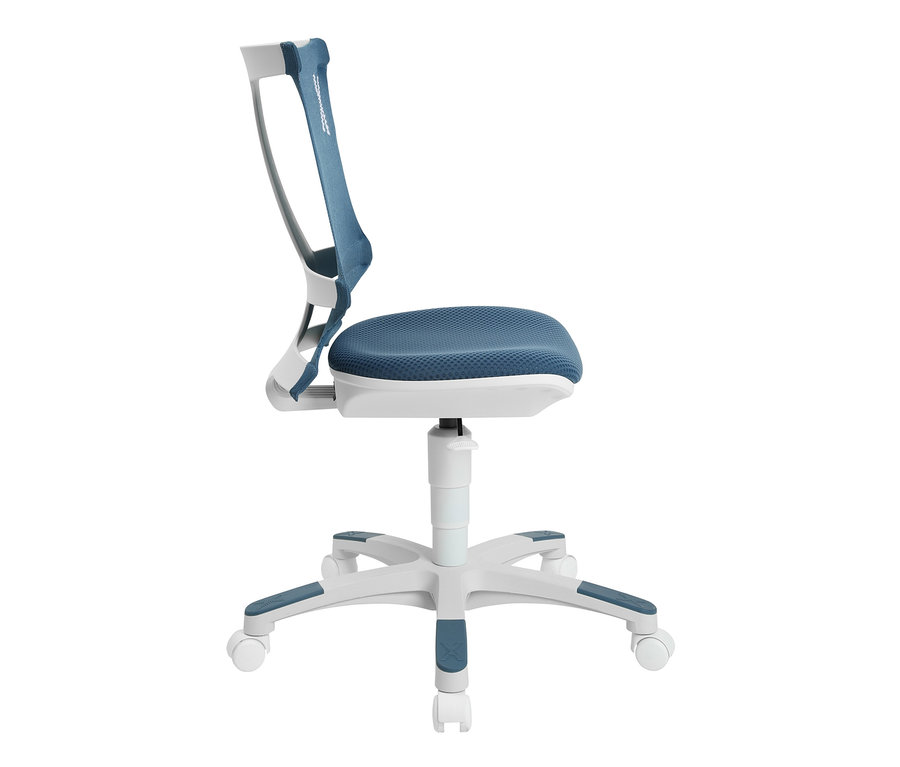 Seitliche Ansicht des Topstar Kinderstuhls »SITNESS X CHAIR 10« in Petrolfarbe mit weißem Untergestell und Rollen.