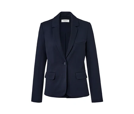 Marineblauer Jerseyblazer mit Reverskragen, Einknopfverschluss und zwei Pattentaschen.