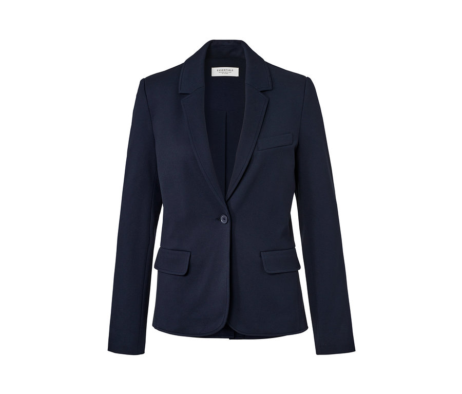 Marineblauer Jerseyblazer mit Reverskragen, Einknopfverschluss und zwei Pattentaschen.