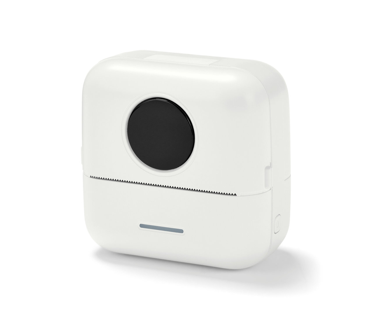 Ein weißer, tragbarer Mini-Thermodrucker auf weißem Hintergrund.