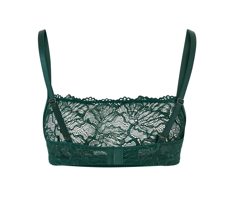 Detailaufnahme eines grünen Spitzen-BHs.