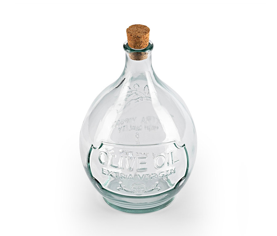 Eine durchsichtige Glas Ölflasche mit einem Korken.