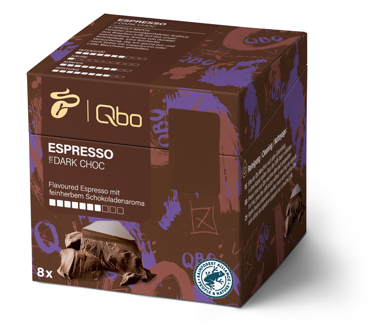 Eine Packung Qbo Flavoured Espresso Dark Choc - 8 Kapseln.