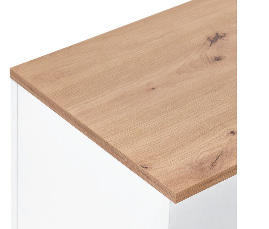 Detailansicht einer weißen Bettbank mit Truhenfunktion und einer Holzplatte.