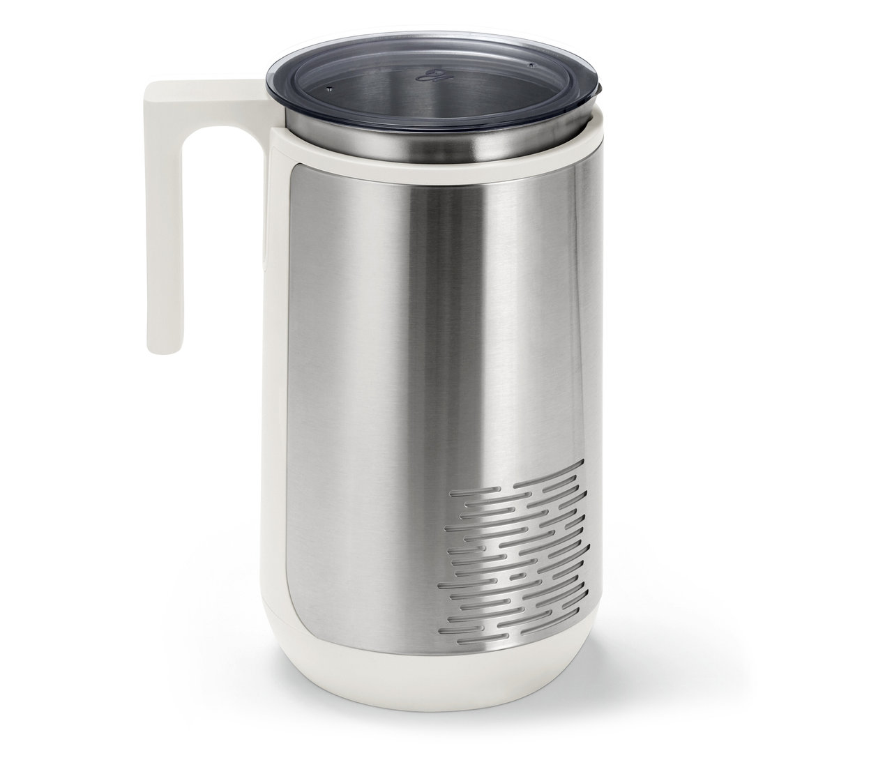 Ein Edelstahl-Thermobecher mit weißem Griff und transparentem Deckel.