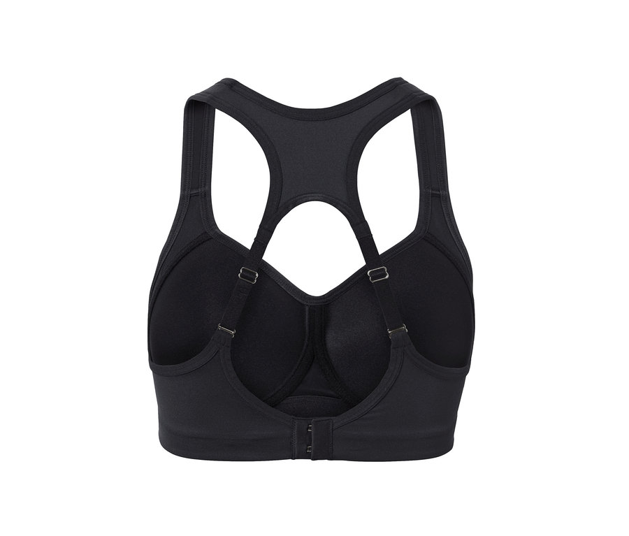 Detailansicht von hinten eines schwarzen Sport-BHs.