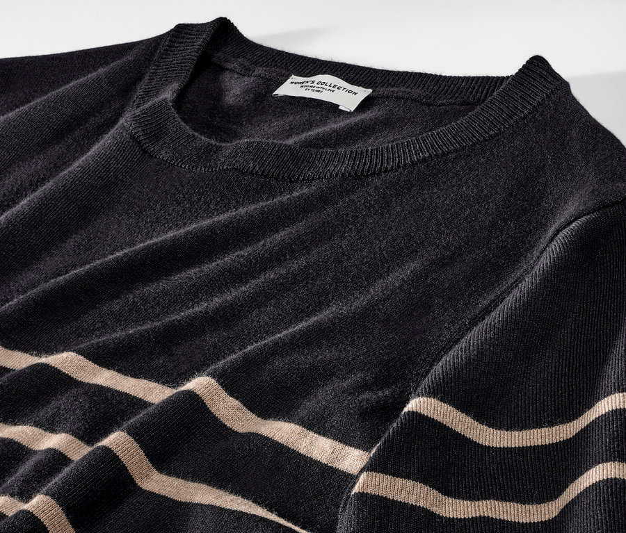 Detailansicht eines gestreiften Feinstrickkleids.