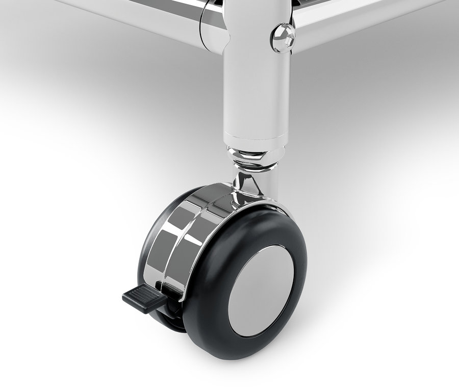 Detailaufnahme von einem Rad des weißen Rollcontainers Metall »CN3« mit 3 Türen.