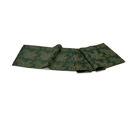 Grüner Jacquard-Tischläufer mit Schneeflockenmuster.