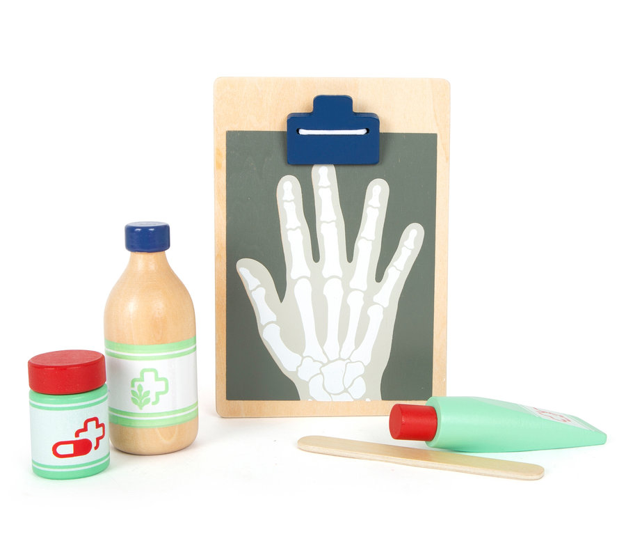 Holzspielzeug: small foot Arzttasche, Hand-Röntgenbild, Flasche, Tube, Spatel.