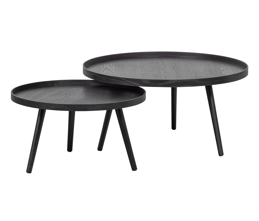Zwei schwarze Woood Mesa XL Holztische auf weißem Hintergrund.