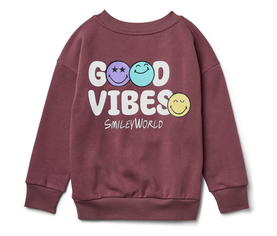 Weinrotes Sweatshirt mit dem Aufdruck "Good Vibes" und Smiley-Gesichtern.