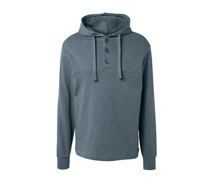 Ein grauer Hoodie mit Knöpfen.