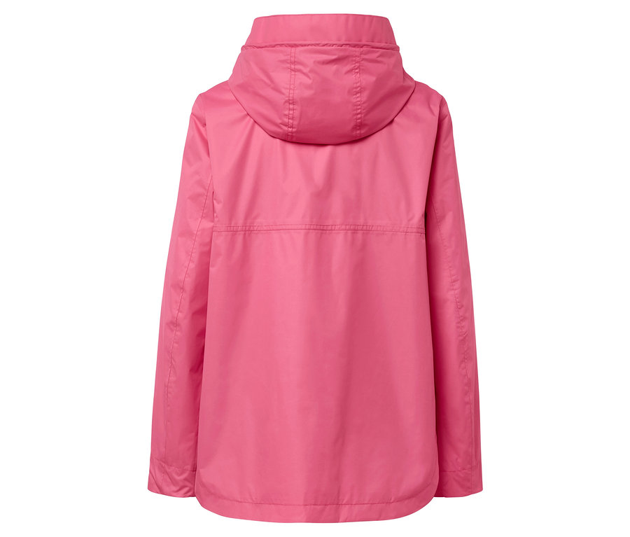 Rückansicht einer pinkfarbenen Jacke mit Kapuze.
