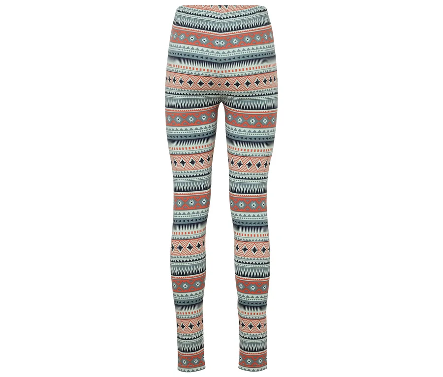 Ganzkörper-Leggings mit geometrischem Muster in Orange-, Blau- und Grautönen.