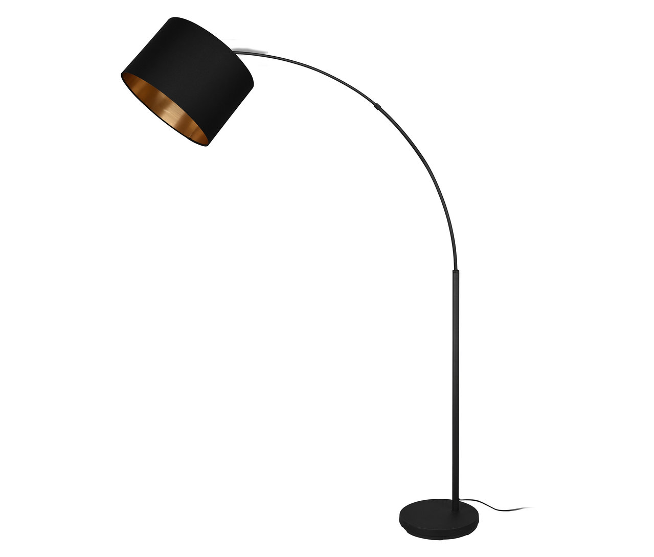 Schwarze Trio Stehleuchte »Bolivia« mit gebogenem Rahmen und goldfarbener Innenseite des Lampenschirms.