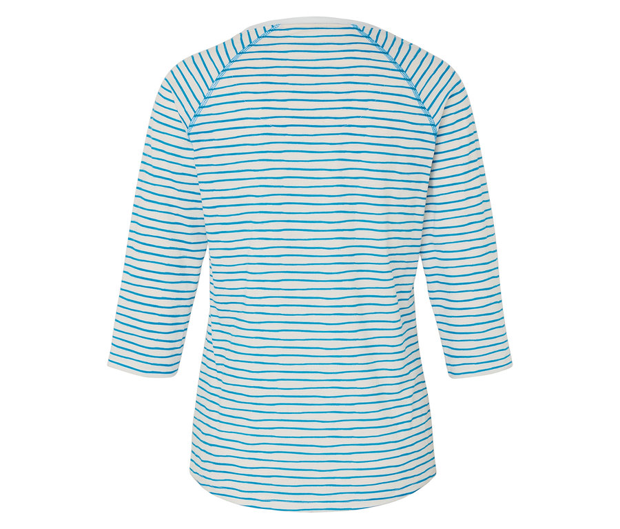 Rückansicht eines gestreiften, taillierten Dreiviertelarm-Shirts in Blau und Weiß.