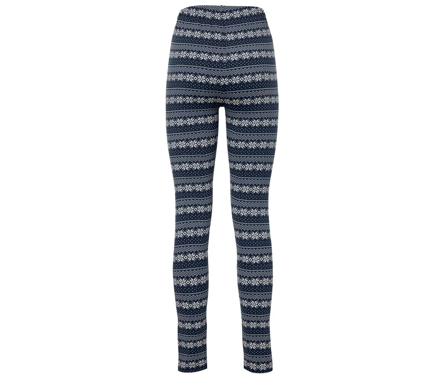 Blaue Leggings mit Schneeflockenmuster.