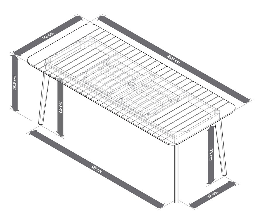 Zeichnung eines Bettes mit Abmessungen.