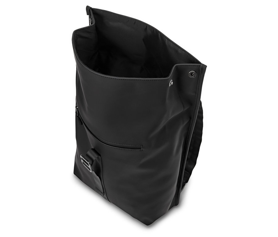 Geöffneter schwarzer Rucksack mit Außentasche.