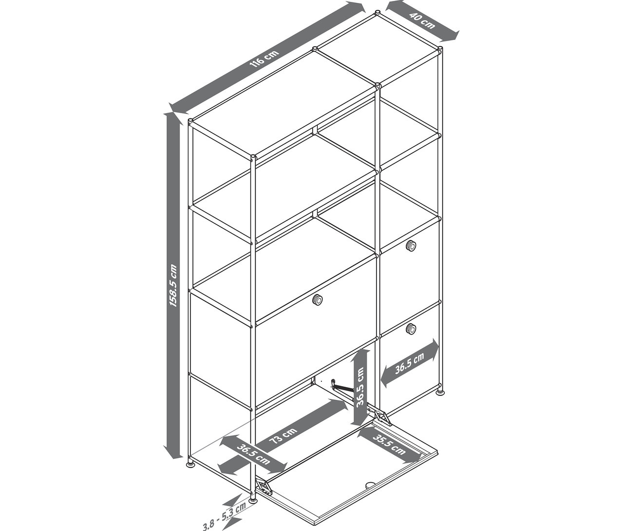 Illustration eines Schranks mit Regalen und Schubladen, mit Bemaßungen.