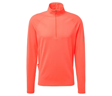 Leuchtend orangefarbenes Sportoberteil mit langen Ärmeln und Reißverschluss am Hals.