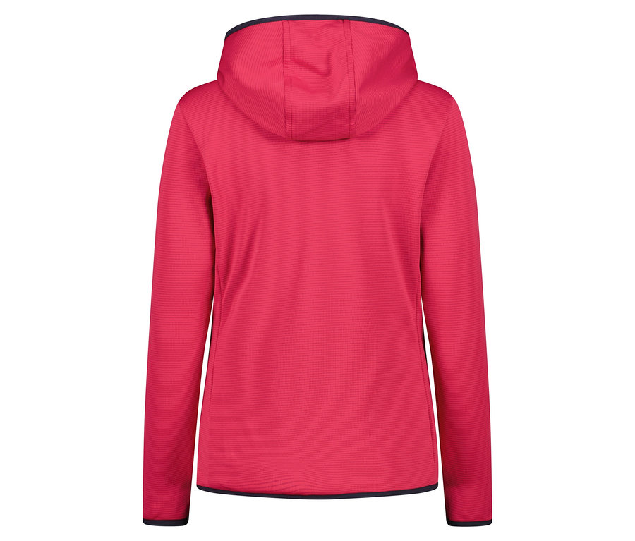 Rückansicht einer pinken Kapuzenjacke.