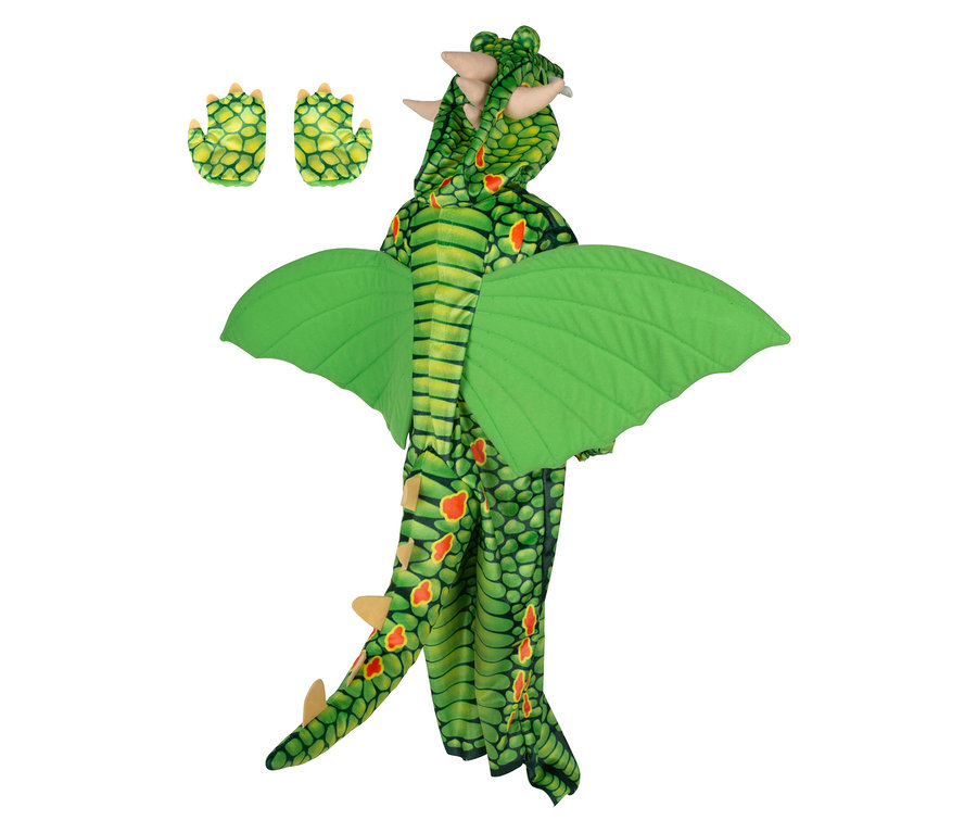 Rückansicht eines grünen Drachenkostüms mit Flügeln, Schwanz und Handschuhen.