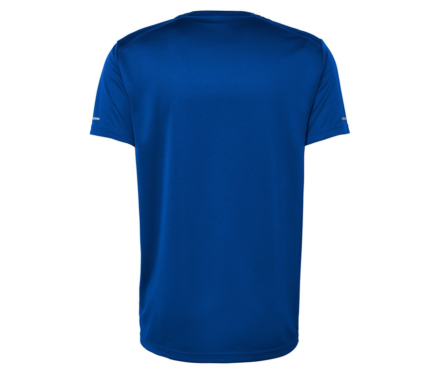 Rückansicht eines blauen Kurzarm-T-Shirts.