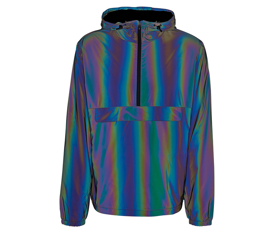 Glänzende Jacke mit Kapuze und schwarzem Reißverschluss in der Mitte.