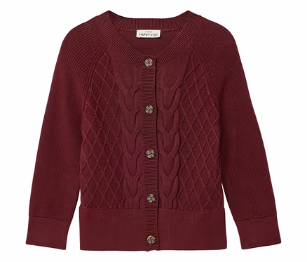 Burgunderrote Kinder-Strickjacke mit Knöpfen.
