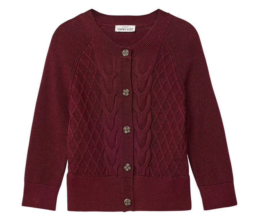 Burgunderrote Kinder-Strickjacke mit Knöpfen.
