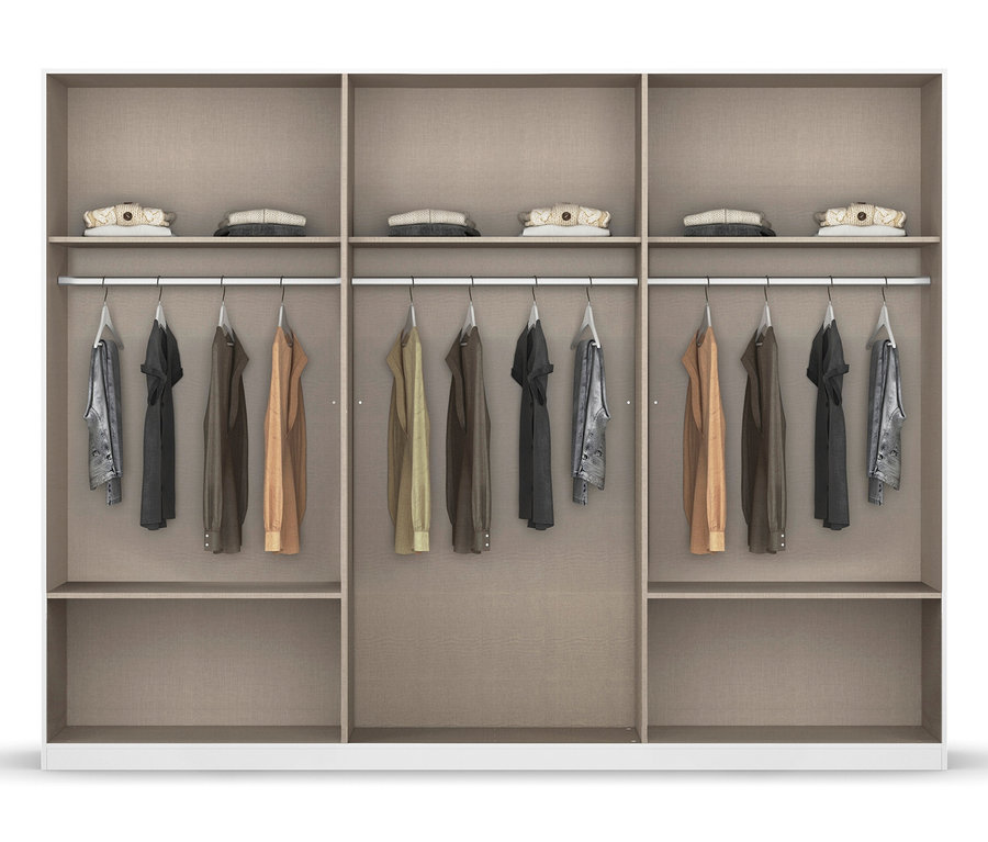 Sechs-türiger Drehtürenschrank »Skandi« in Grau Metallic mit Kleidung und Regalen.