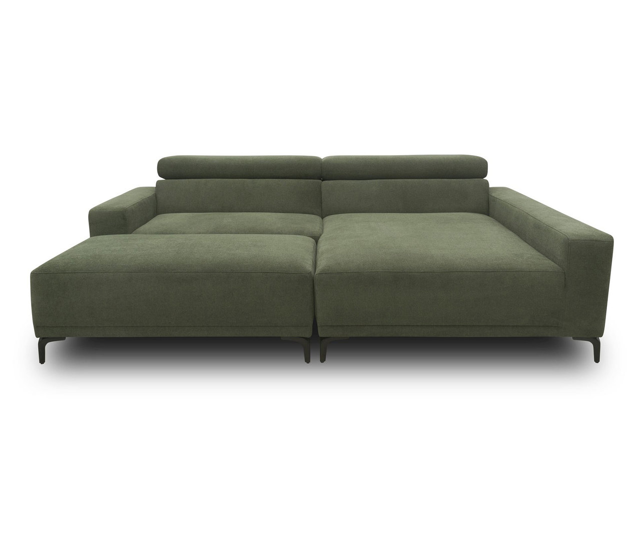 Grünes DOMO Eck-Schlafsofa mit Hocker, rechtsbündig.