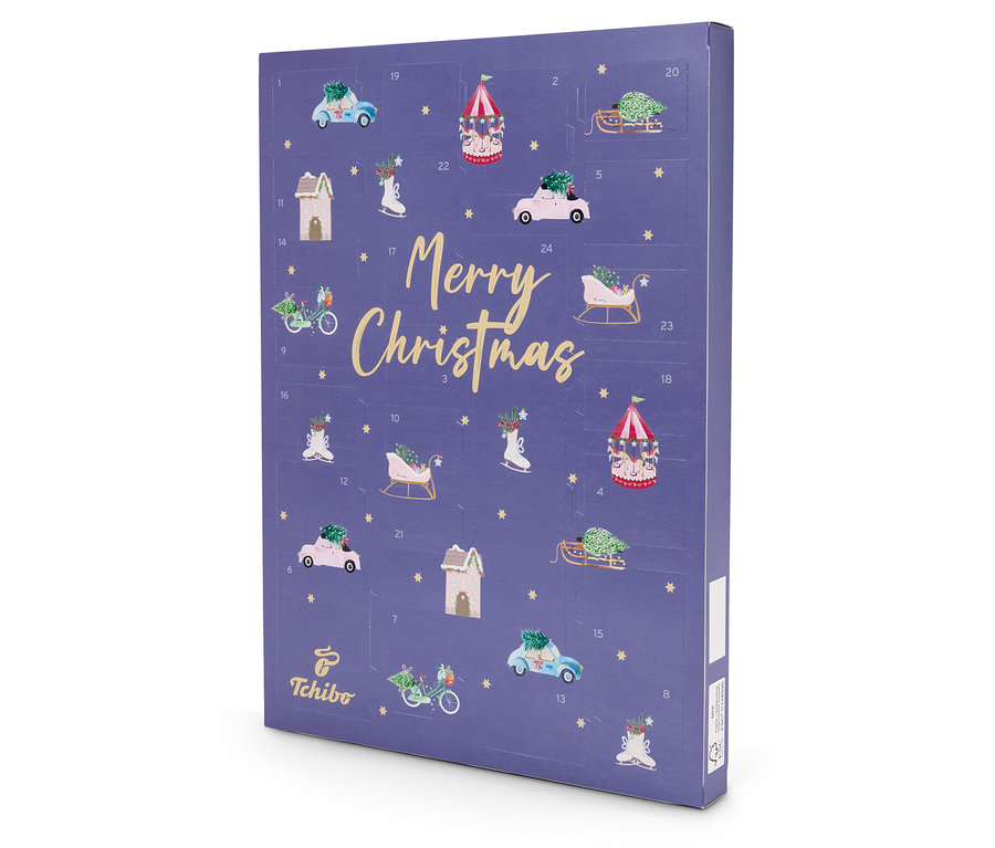 Ein lila Tchibo Adventskalender mit Weihnachtsmotiven.