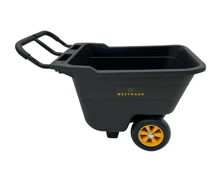 Ein schwarzer Westmann-Gartenwagen mit gelbem Rad vor weißem Hintergrund.