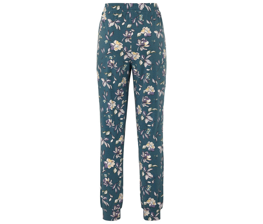 Eine dunkelgrüne Hose mit einem Blumenmuster.