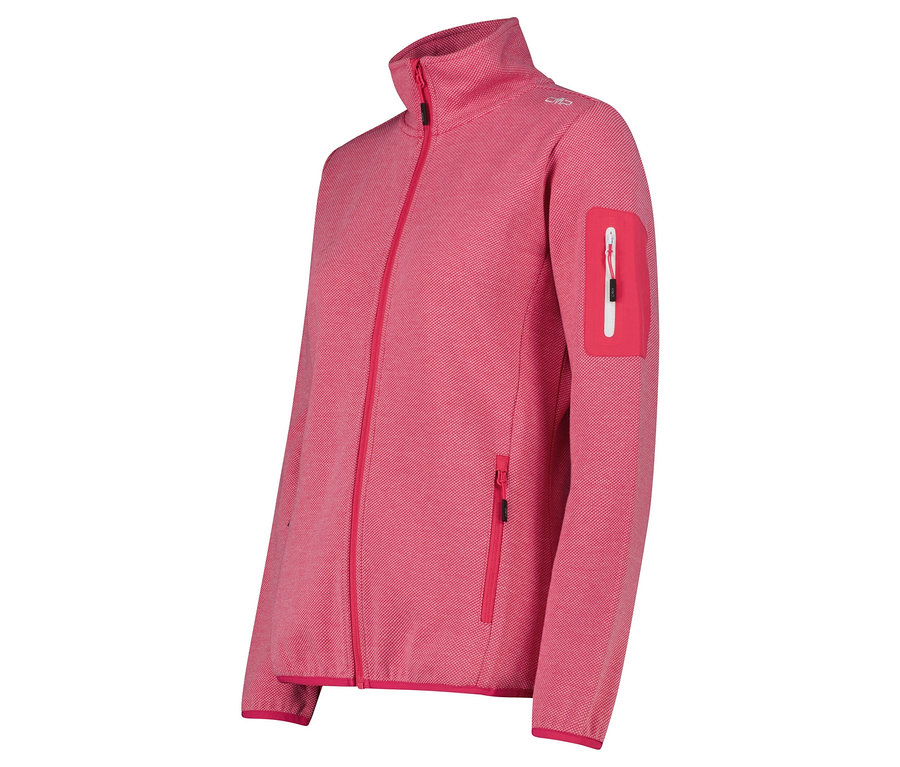 Eine rosa Fleecejacke mit durchgehendem Reißverschluss und Taschen.
