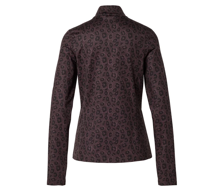 Rückansicht einer langärmligen, braunen Jacke mit Leopardenmuster und Stehkragen.
