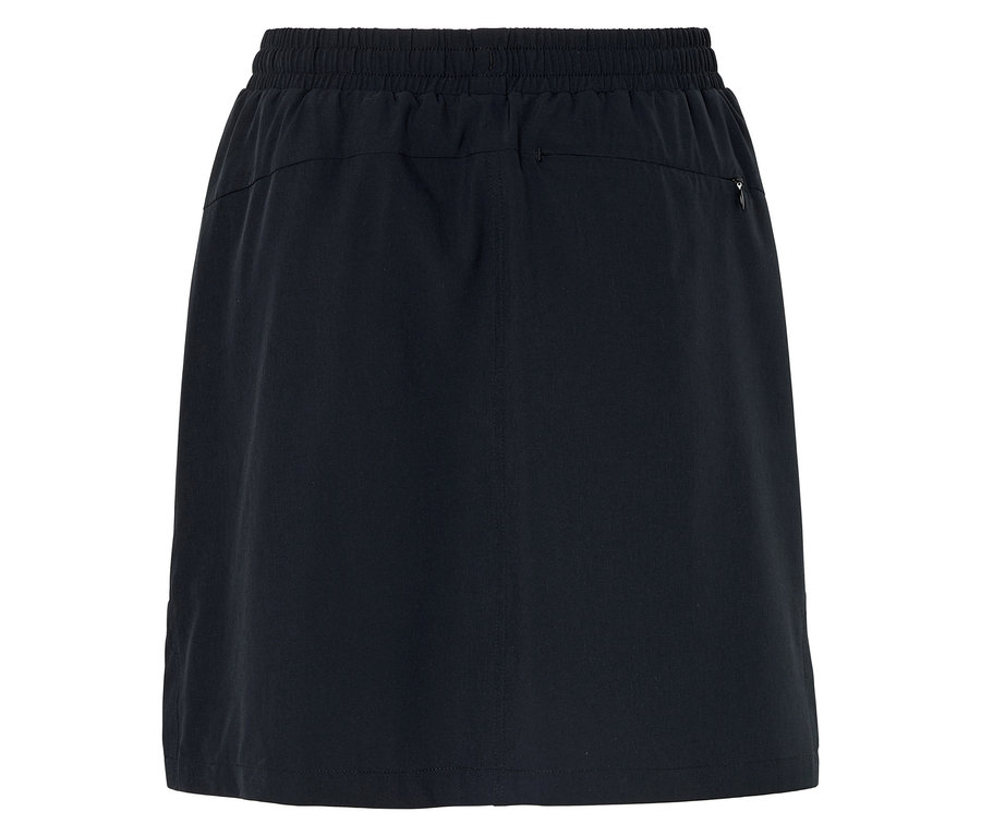 Rückansicht eines schwarzen Rocks mit elastischem Bund und Reißverschlusstasche.