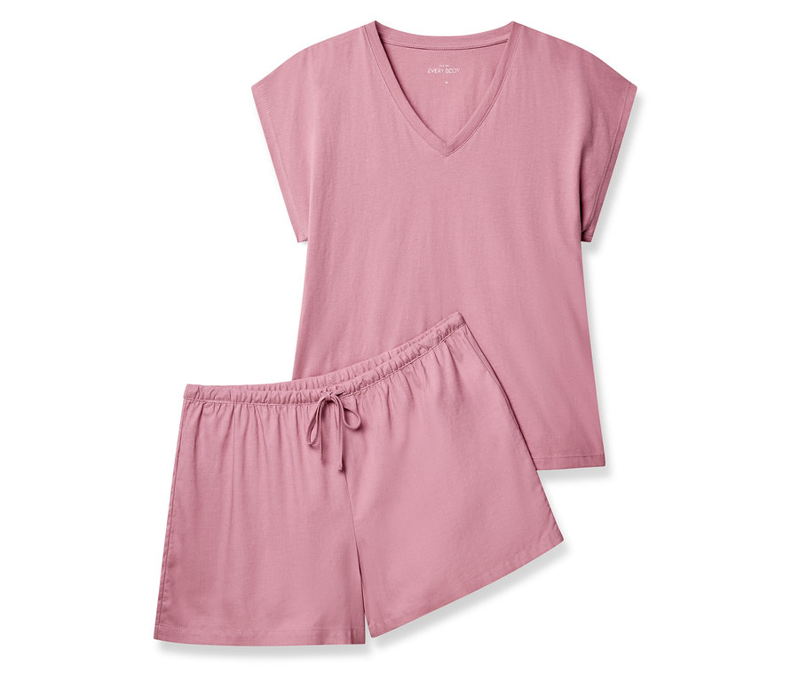 Rosa Shorty-Pyjama-Set, bestehend aus einem kurzärmeligen V-Ausschnitt-Oberteil und Shorts mit Kordelzug.