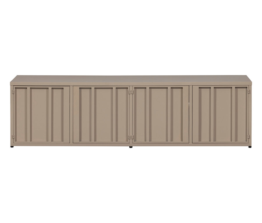 Ein langer, beiger Schrank mit vier Türen steht vor einem weißen Hintergrund.