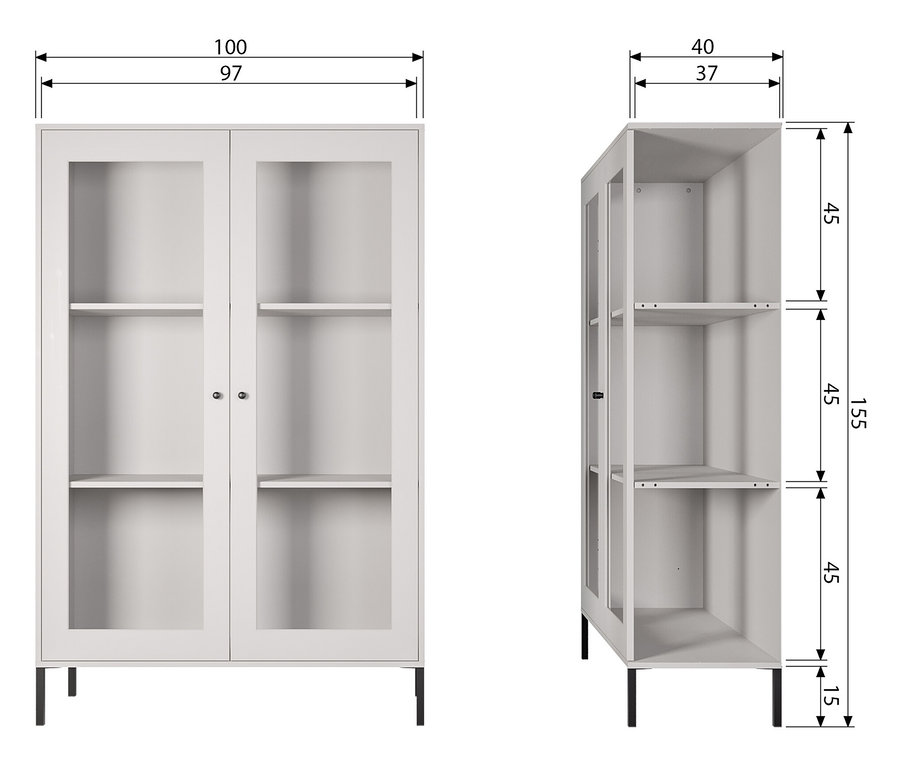 Zwei Ansichten eines grauen Vitrinenschranks mit Glastüren und schwarzen Beinen, mit Maßangaben.