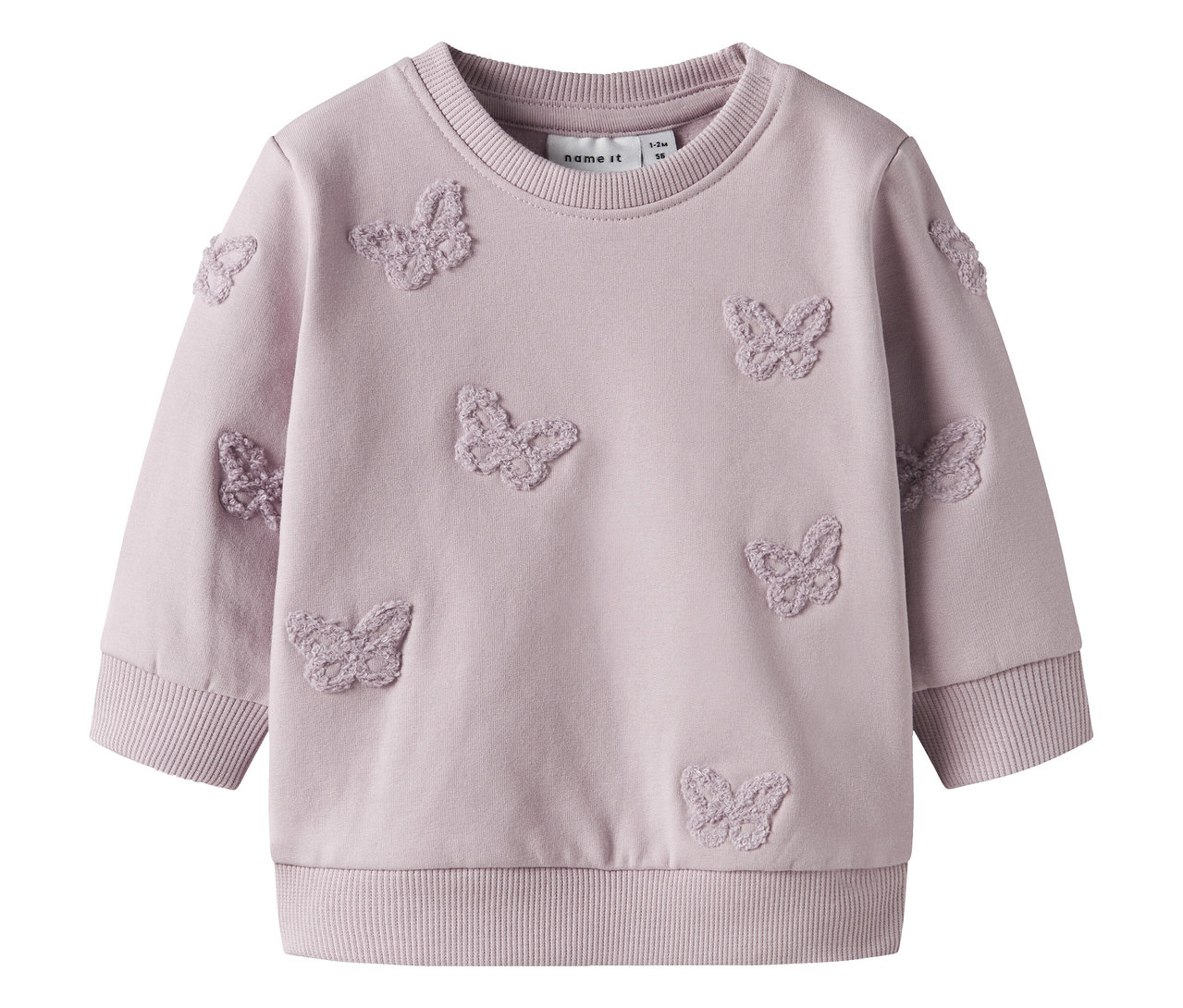 Lila NAME IT Baby-Sweatshirt mit Schmetterlingen.