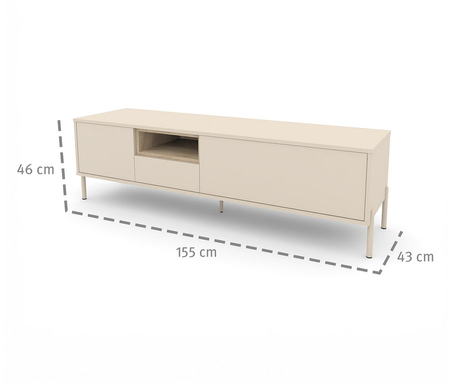 Das Lowboard "Hygge" in Kaschmir-Weiß steht auf vier Füßen. Maße sind eingezeichnet.