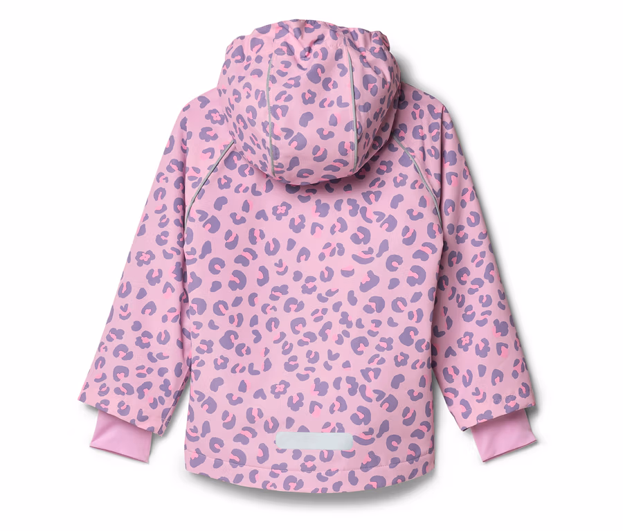 Rückansicht einer hellrosa Kinderjacke mit Kapuze und lila Leopardenmuster.