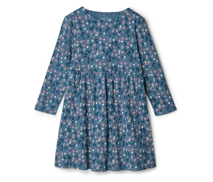 Blaues Kinder-Jersey-Rippkleid mit langen Ärmeln und einem pinken, weißen und dunkelblauen Blumenmuster, mit geraffter Taille.